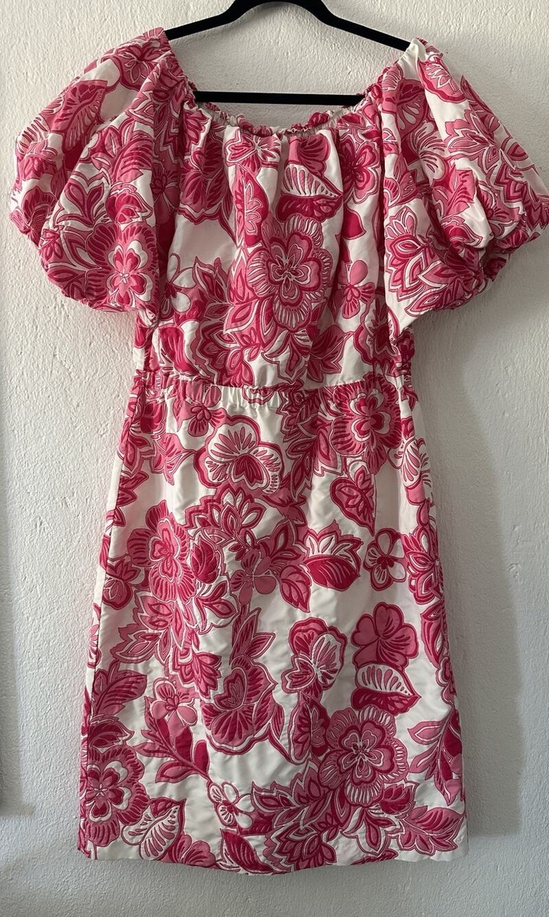 Trina Turk Tatiana Dress Pink White Floral Puff Sleeve Off Shoulder Mini Dress L